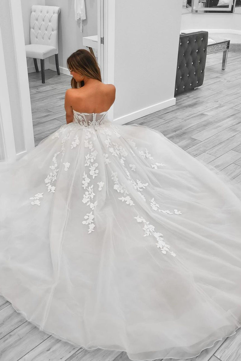 A - Line Sweetheart Tulle Wedding Dresses With Slit - KissProm