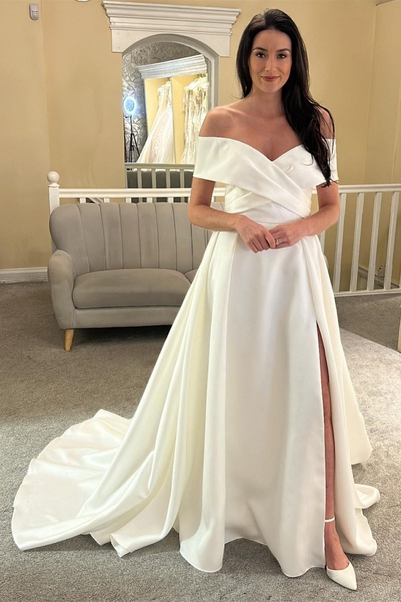 Satin White Off - the - Shoulder Long Wedding Dress with Slit - KissProm