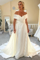 Satin White Off - the - Shoulder Long Wedding Dress with Slit - KissProm