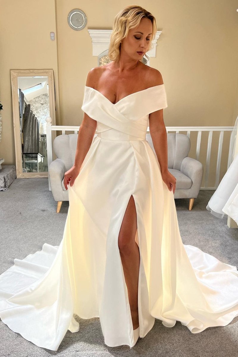 Satin White Off - the - Shoulder Long Wedding Dress with Slit - KissProm