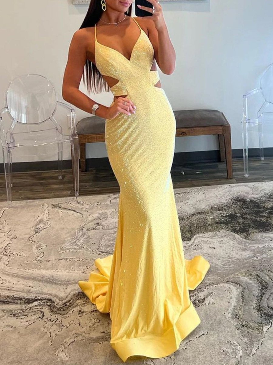 Glint | Sparkly Mermaid V Neck Yellow Sequins Long Prom Dresses - KissProm