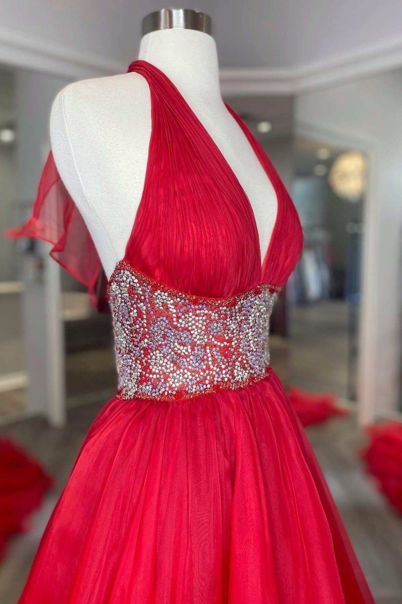 Red Beaded Halter Backless A - Line Long Prom Gown - KissProm