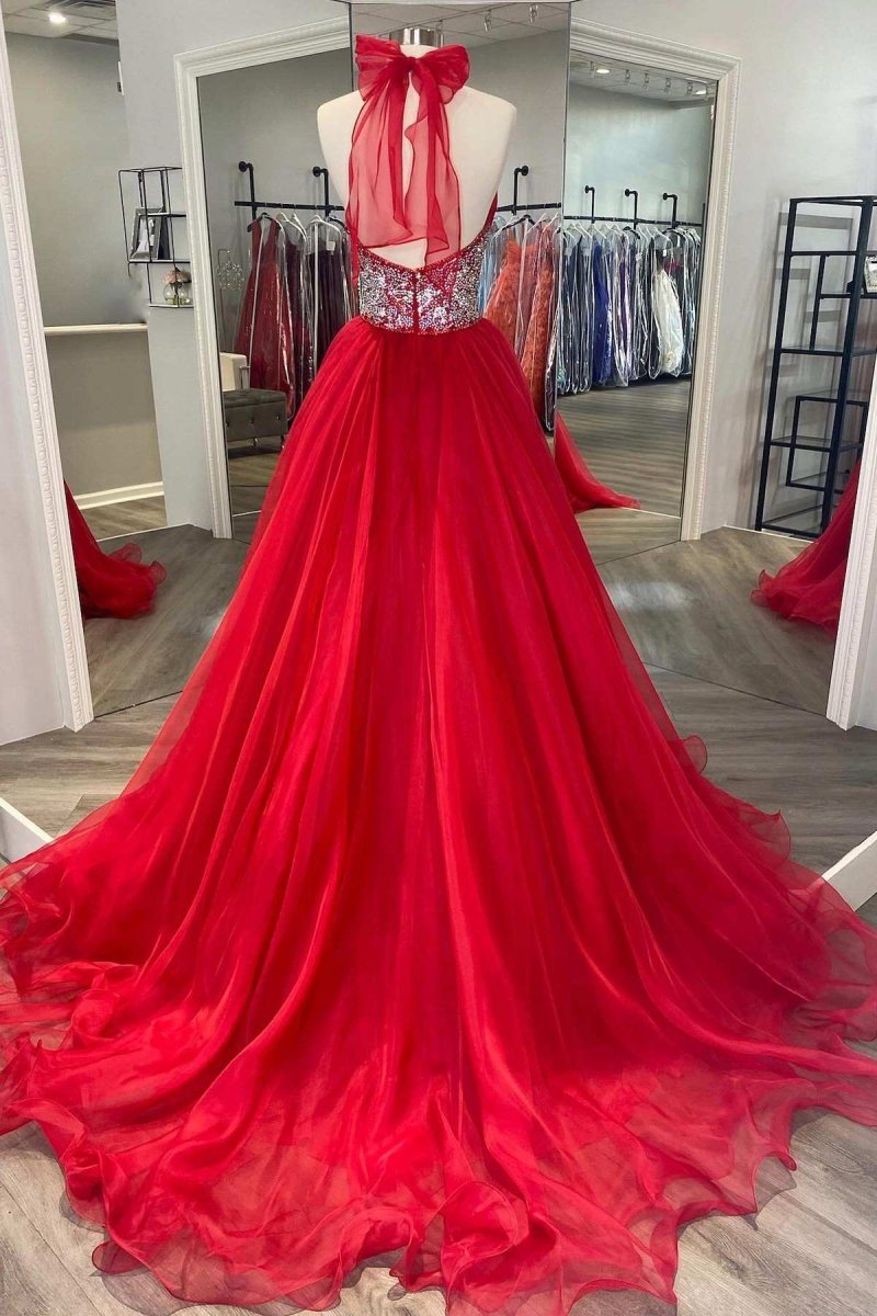 Red Beaded Halter Backless A - Line Long Prom Gown - KissProm