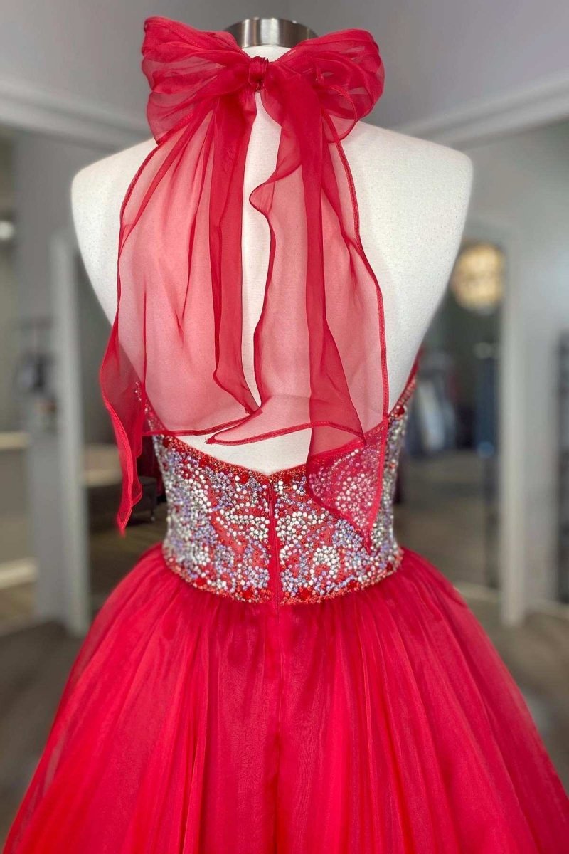 Red Beaded Halter Backless A - Line Long Prom Gown - KissProm