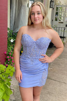 Kaliyah | Periwinkle Appliques Strapless Sheer Bodice Ruched Short Dress - KissProm