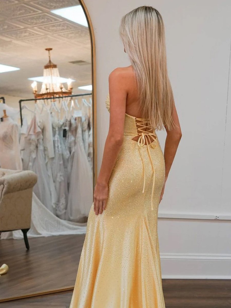 Telah | Glitter Mermaid Yellow Sweetheart Cut - out Long Prom Dress with Beading - KissProm