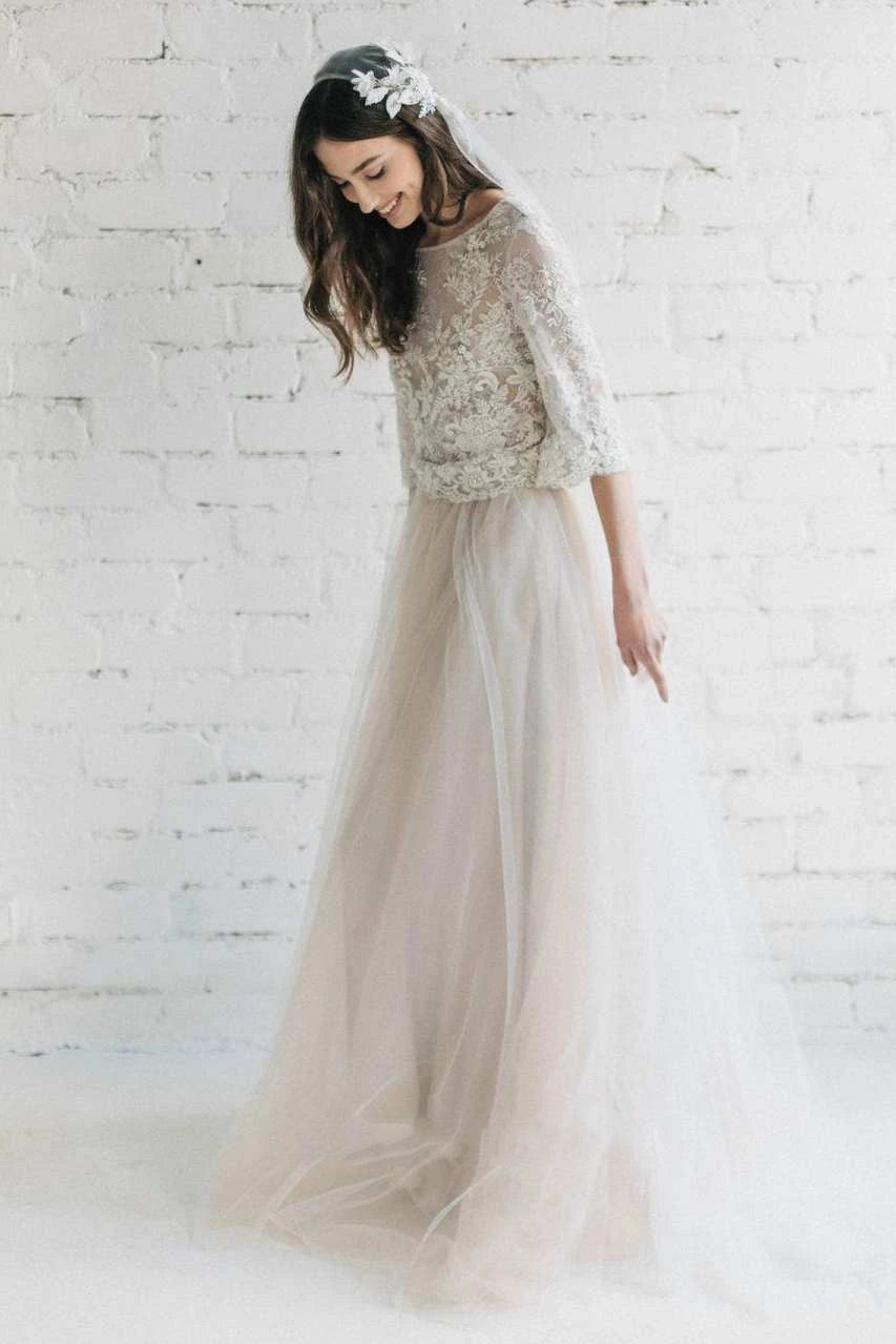 Bateau Lace Half Sleeve A - Line Tulle Dress With Low - V Back - KissProm