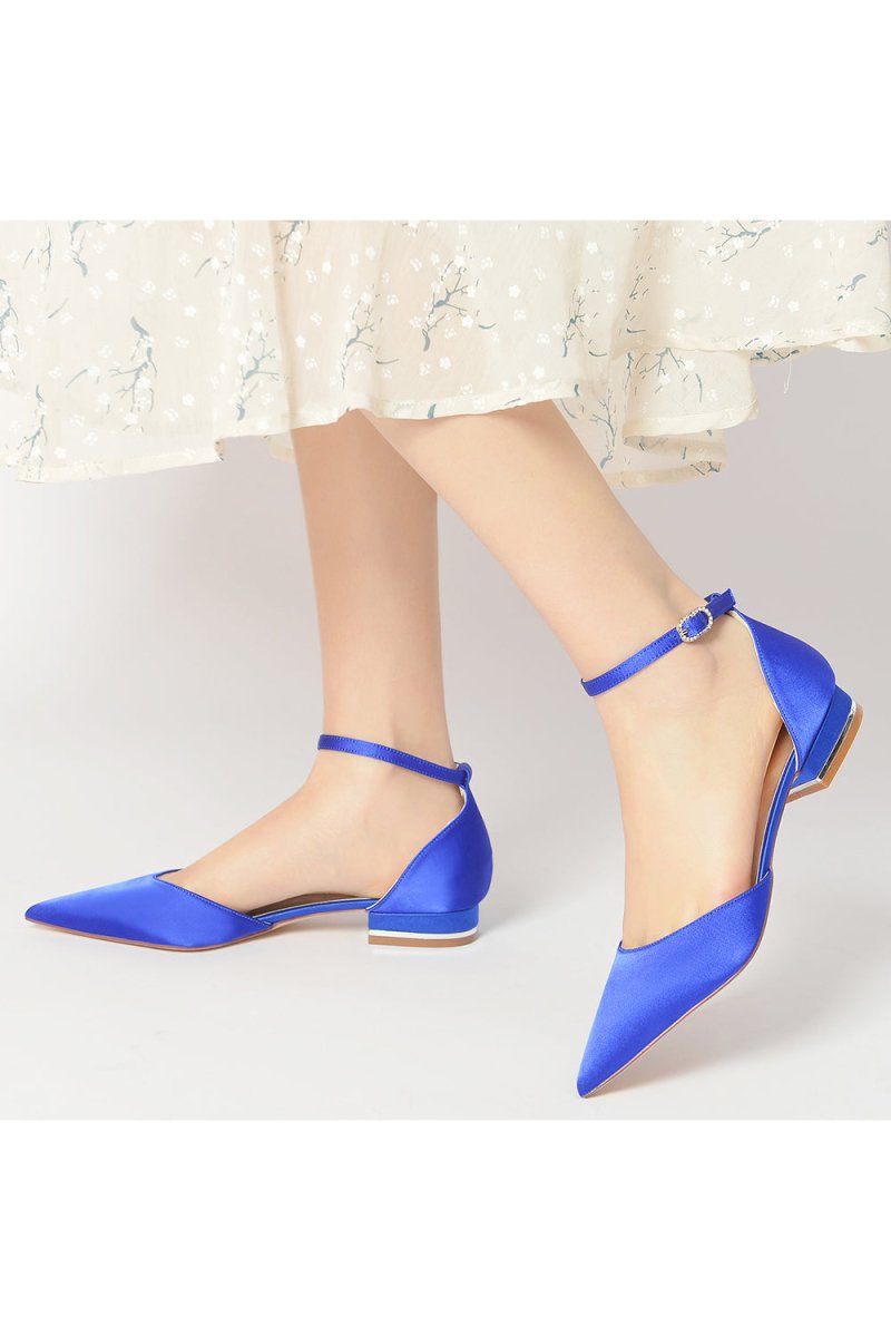 Satin Pointed Toe Ankle Strap Kitten Heels - KissProm