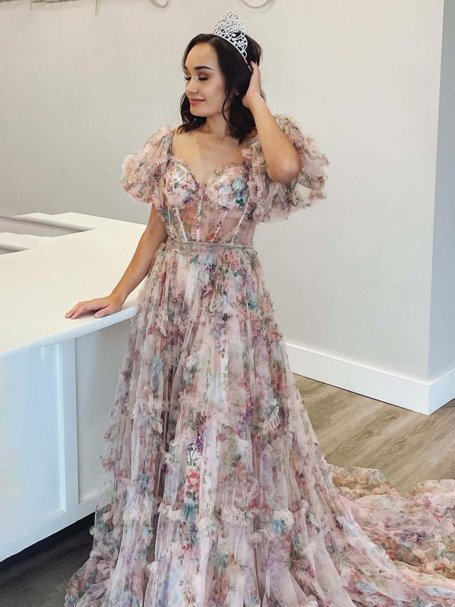 Sydney |A Line Off The Shoulder Floral Tulle Prom Dress - KissProm