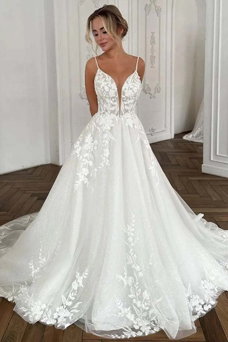 Charming A Line V Neck Tulle Long Wedding Dresses with Appliques - KissProm