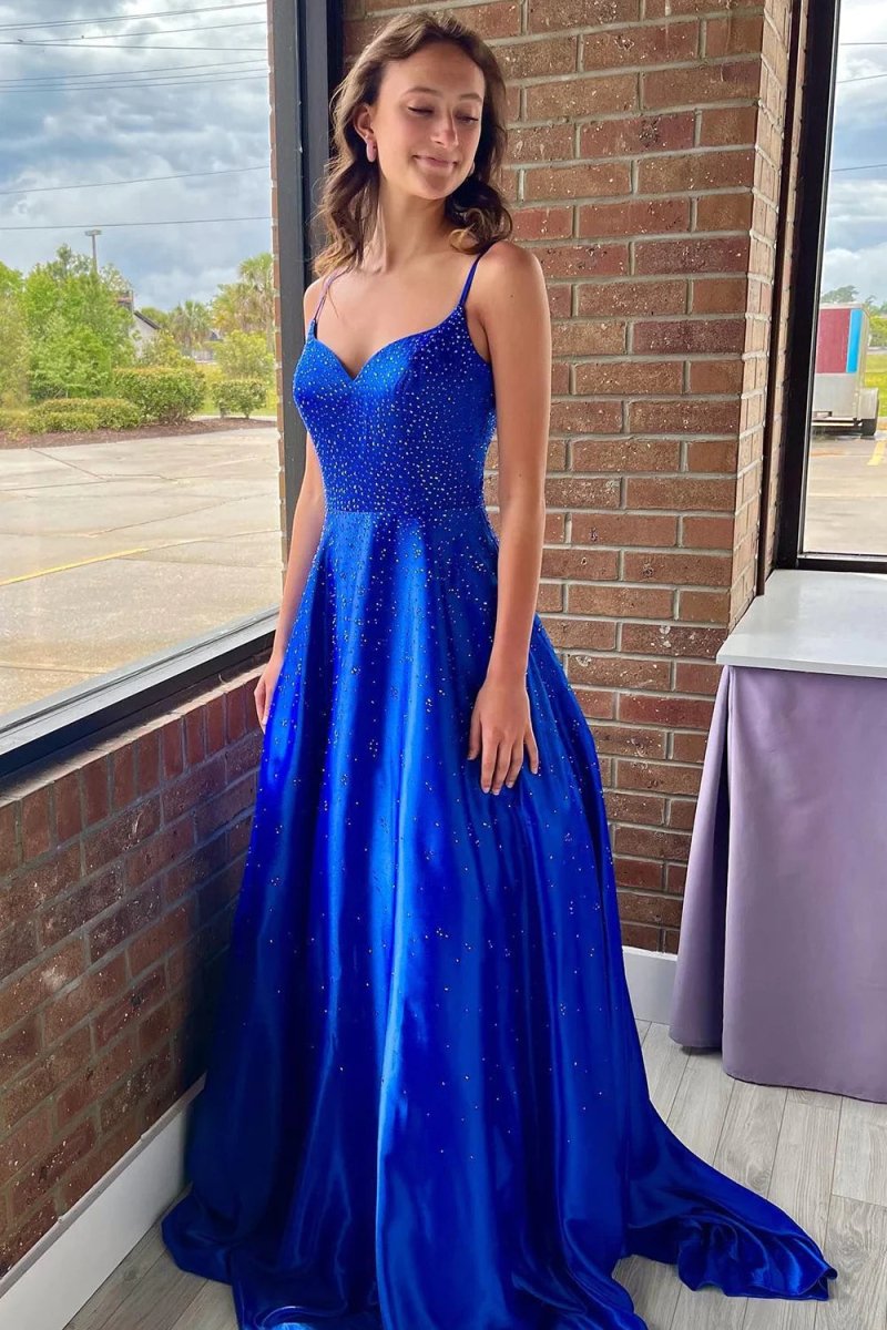 Athena | A - Line Spaghetti Straps Royal Blue Long Prom Dress with Beading - KissProm