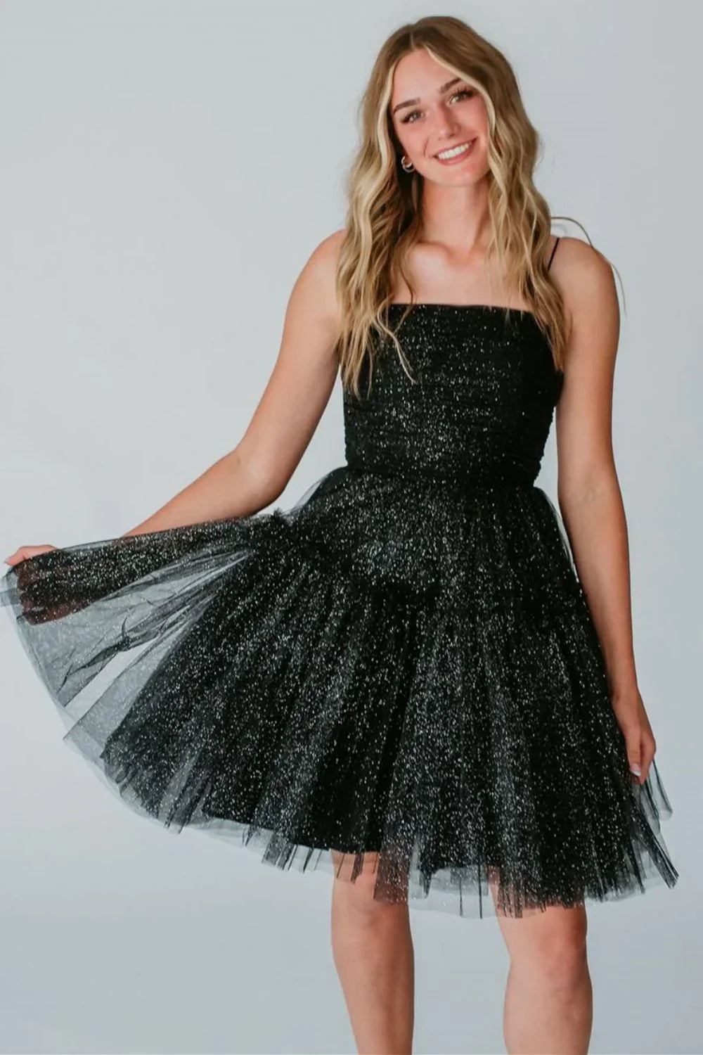 Posey | Glitter A-Line Spaghetti Straps Black Tulle Homecoming Dresses