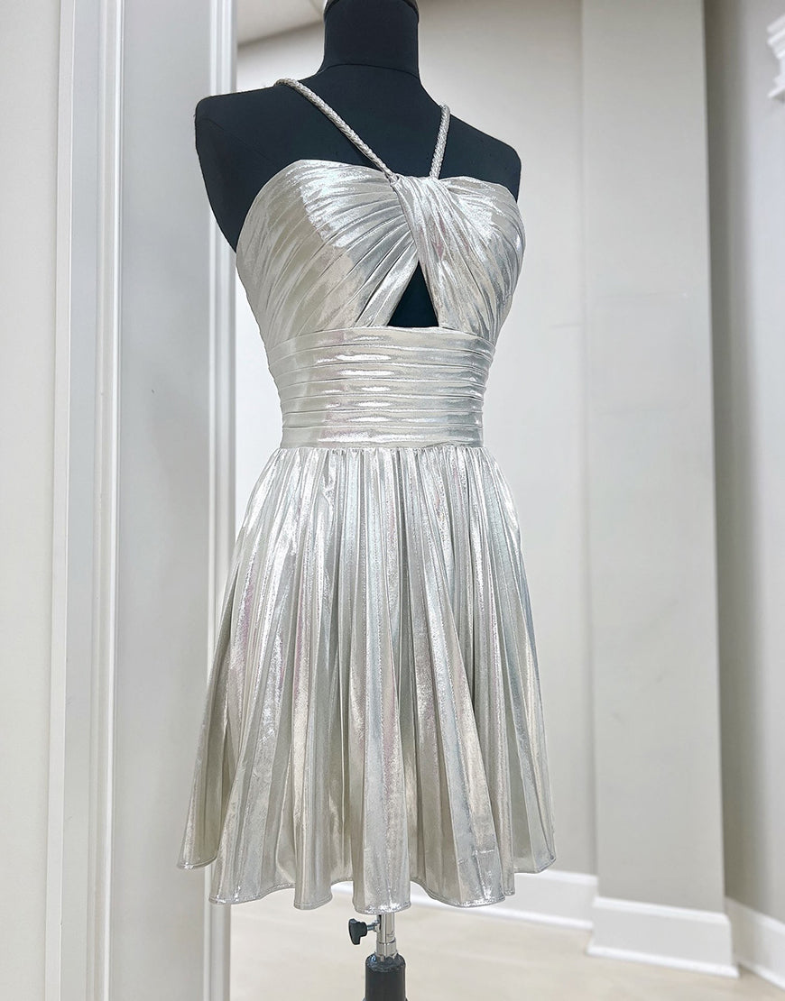 Seresa | Gloden A-Line Metallic Spaghetti Strap Pleated Homecoming Dress