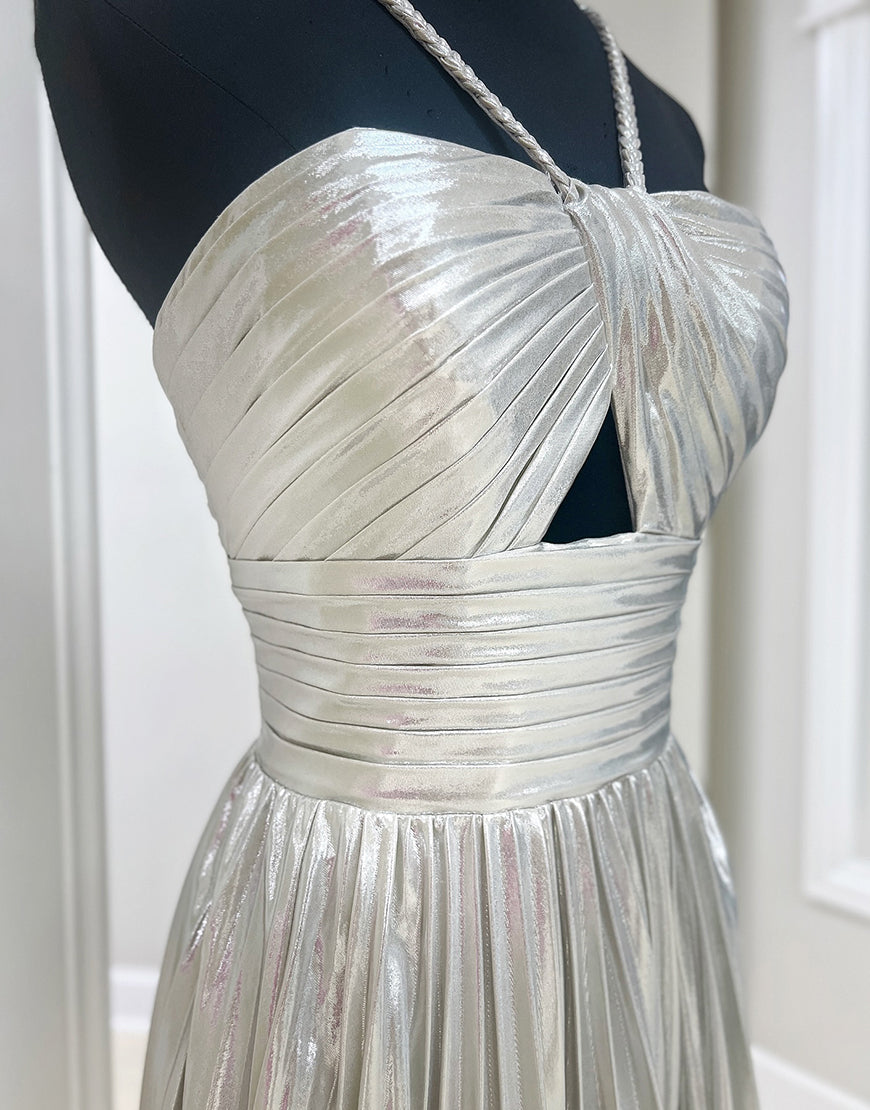 Seresa | Gloden A-Line Metallic Spaghetti Strap Pleated Homecoming Dress