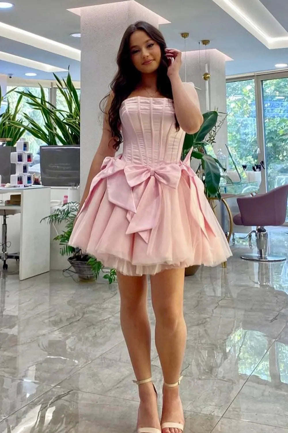 Pink Strapless Tulle A-Line Short Corset Homecoming Dress with Bow