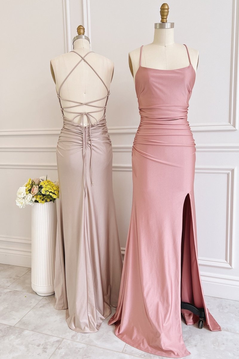 Dusty Pink Satin Lace - Up Sheath Long Bridesmaid Dress with Slit - KissProm