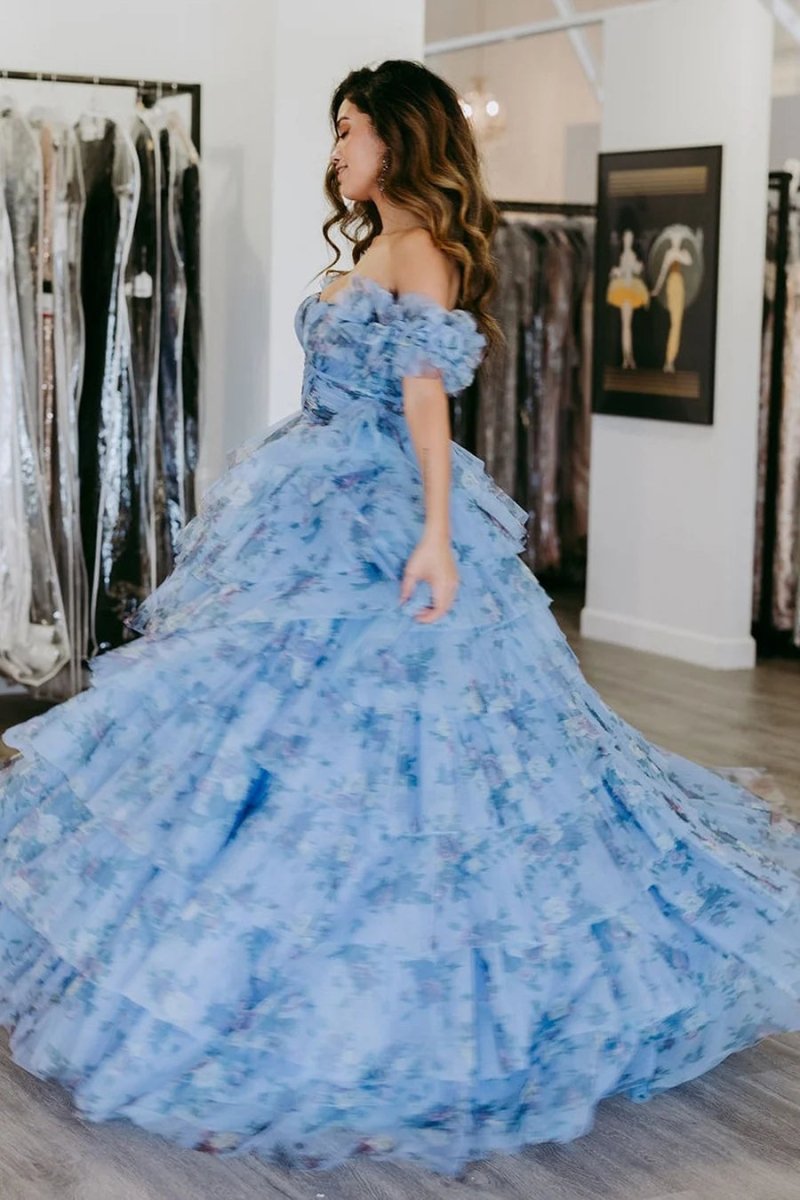 Sigourney | Blue Floral Tiered A - Line Long Prom Dress with Ruffles - KissProm