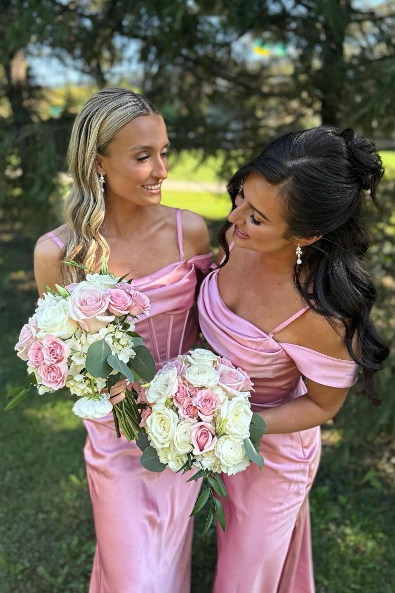 Off the Shoulder Pink Satin Fitted Long Bridesmaid Dress - KissProm