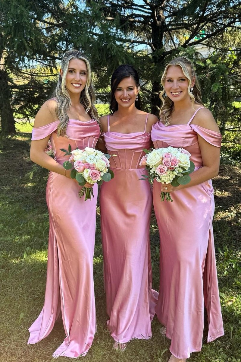 Off the Shoulder Pink Satin Fitted Long Bridesmaid Dress - KissProm