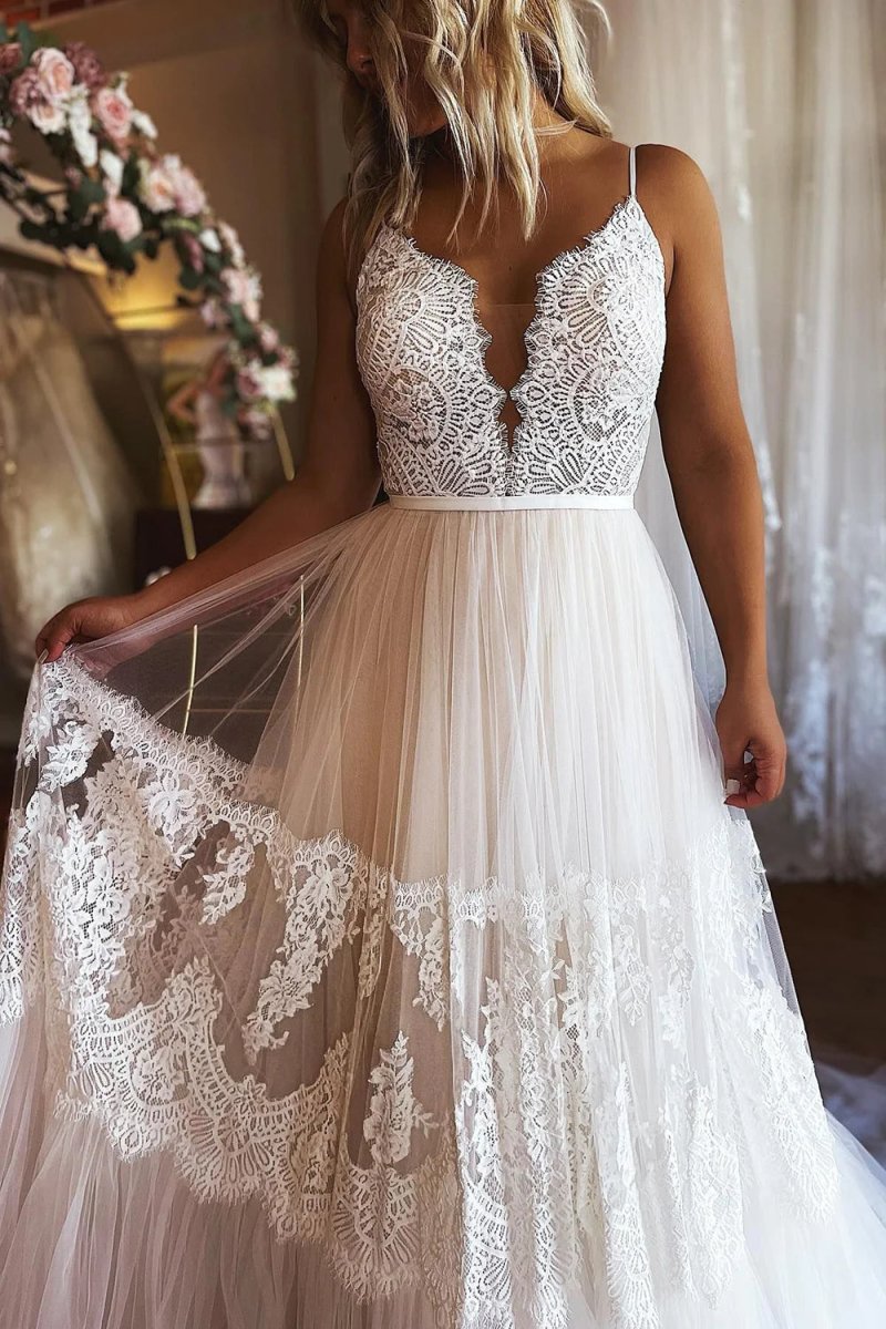 Ivory Boho A - Line Long Tulle Wedding Dress with Appliques - KissProm