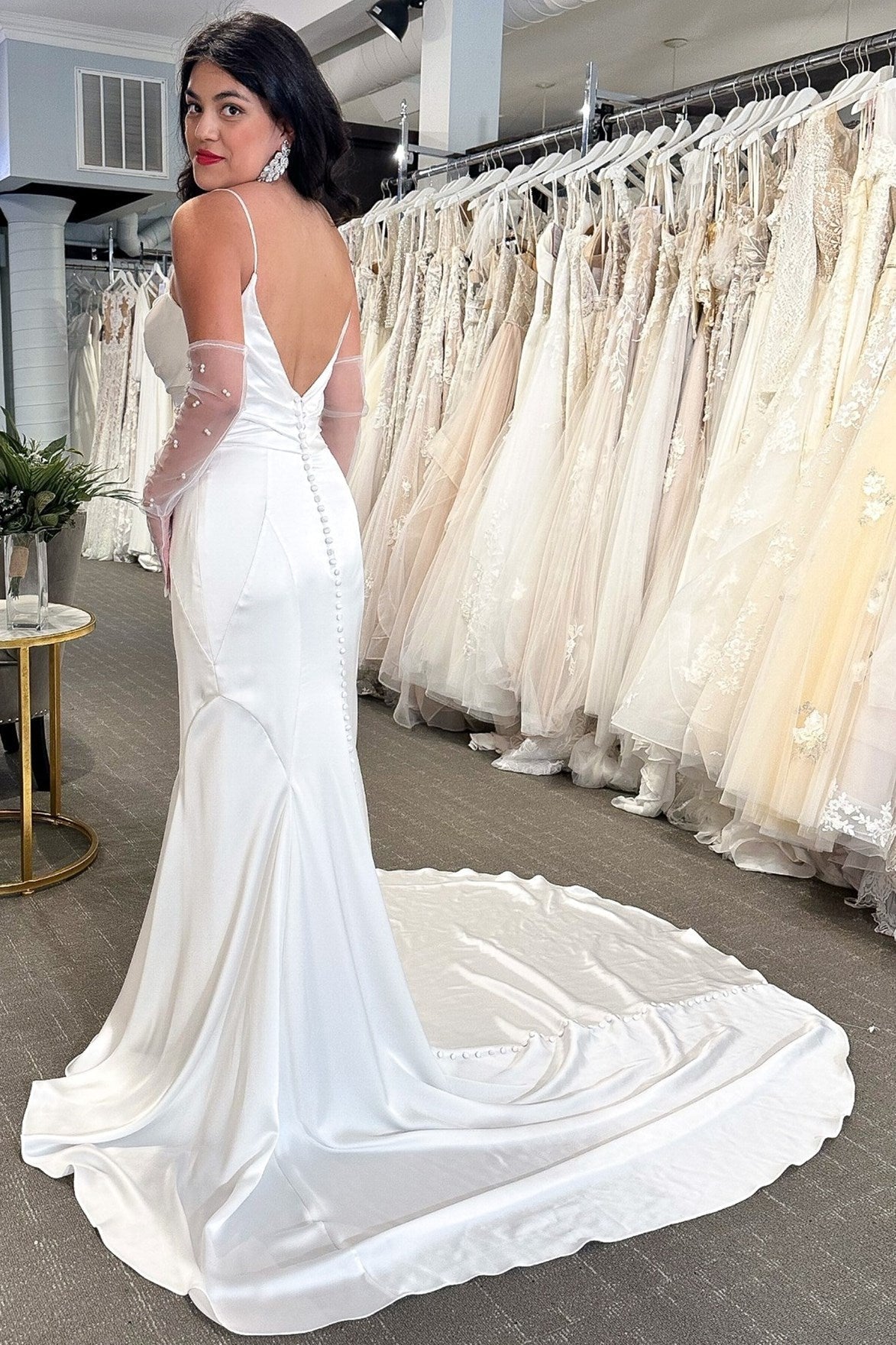 White Cowl Neck Covered Button Back Mermaid Long Wedding Dress