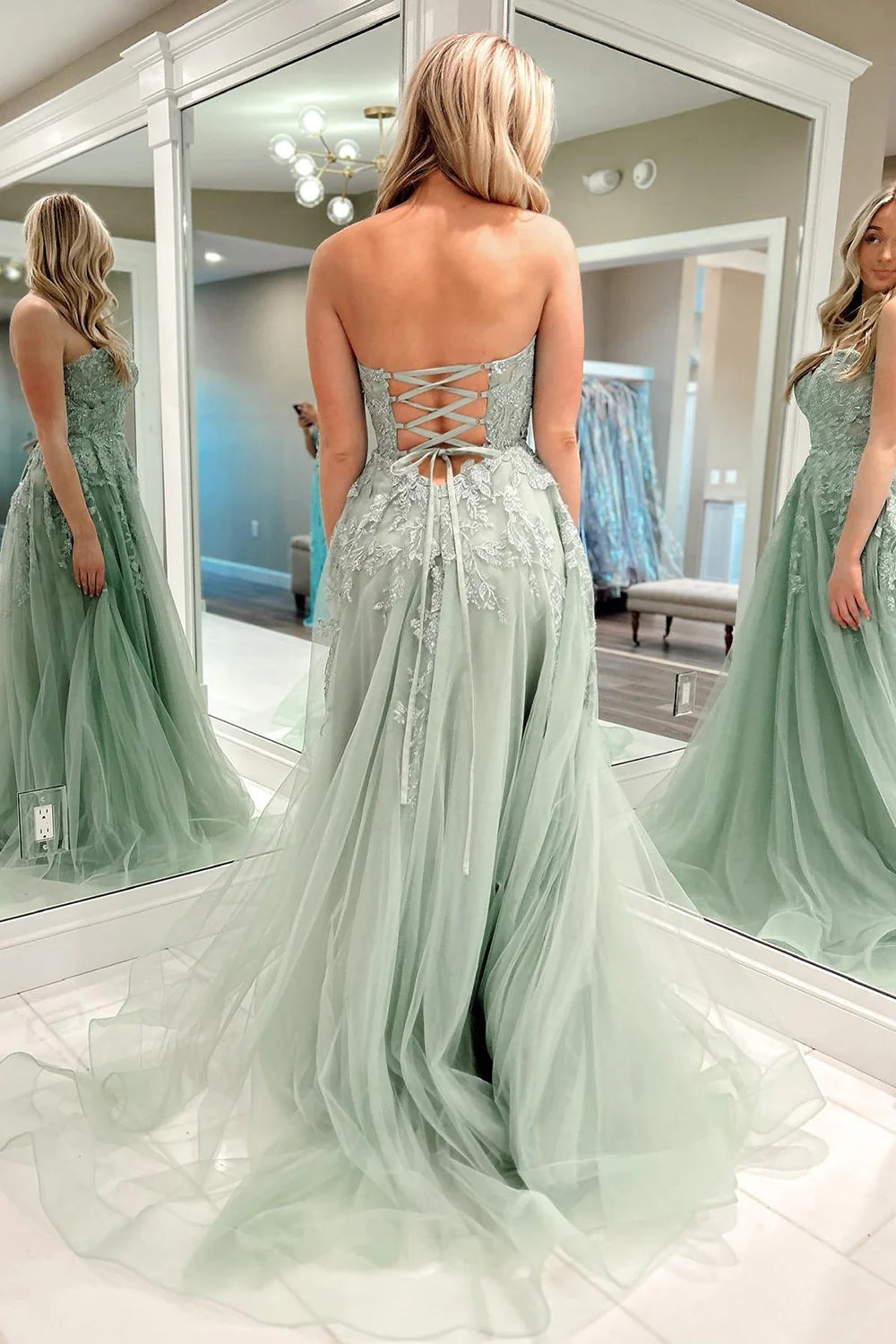 Beulah | A-Line KissProm | Prom Sweetheart Green Sage Tulle Dresses Long Lace