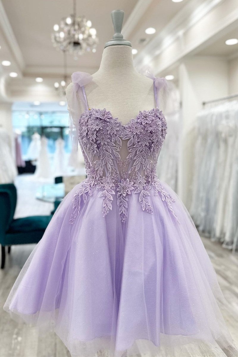 Sierra | Lavender Floral Appliques Sweetheart A - Line Short Homecoming Dress - KissProm