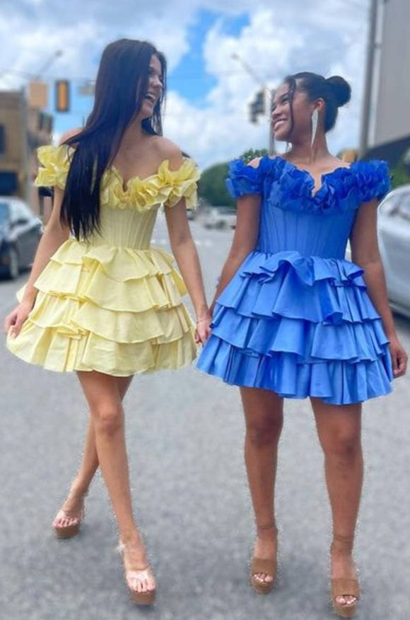 A-Line Off-the-Shoulder Corset Ruffle Tiered Homecoming Dress