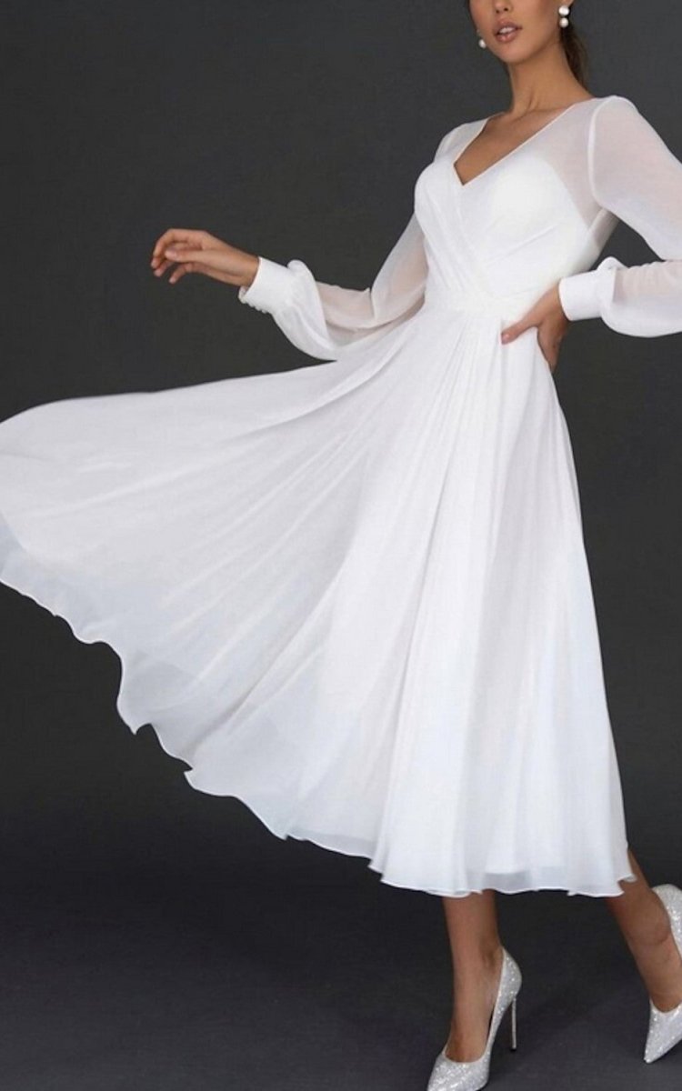 A - Line V - neck Chiffon Long Sleeves Zipper Wedding Dress - KissProm