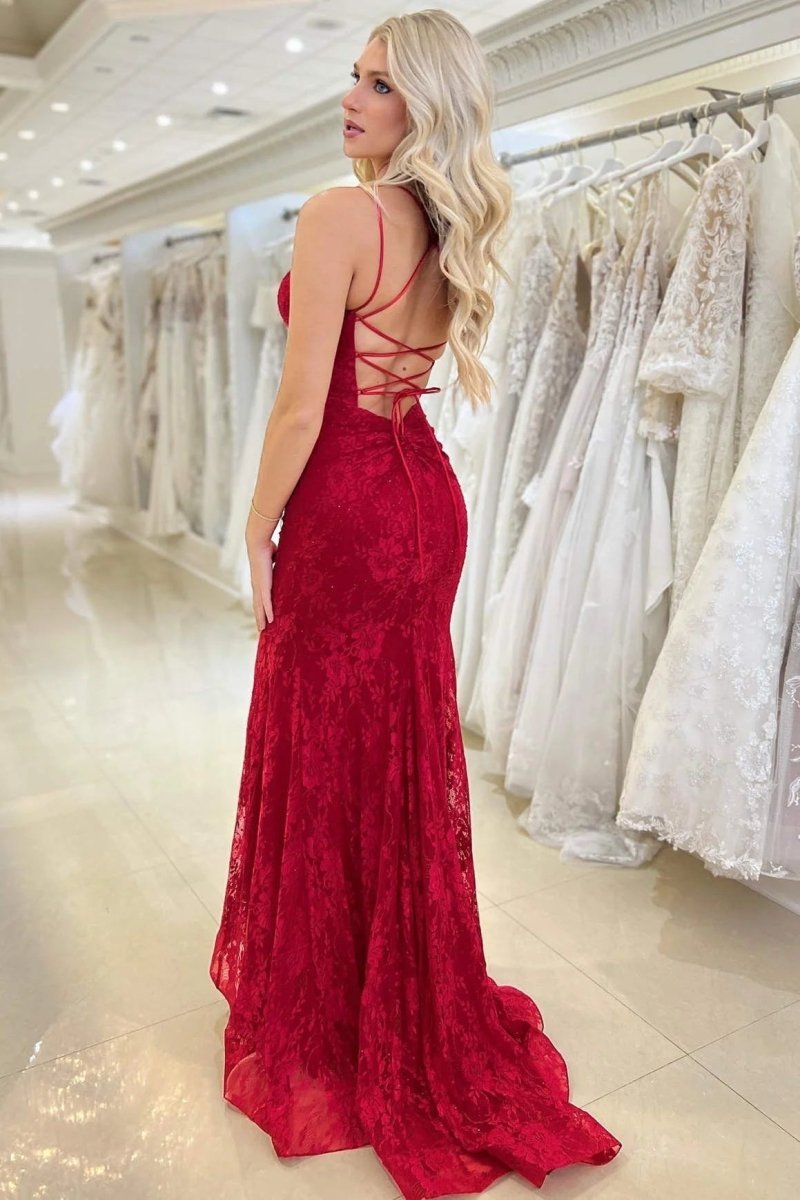 Elsa| Red Lace V Neck Mermaid Prom Dress - KissProm