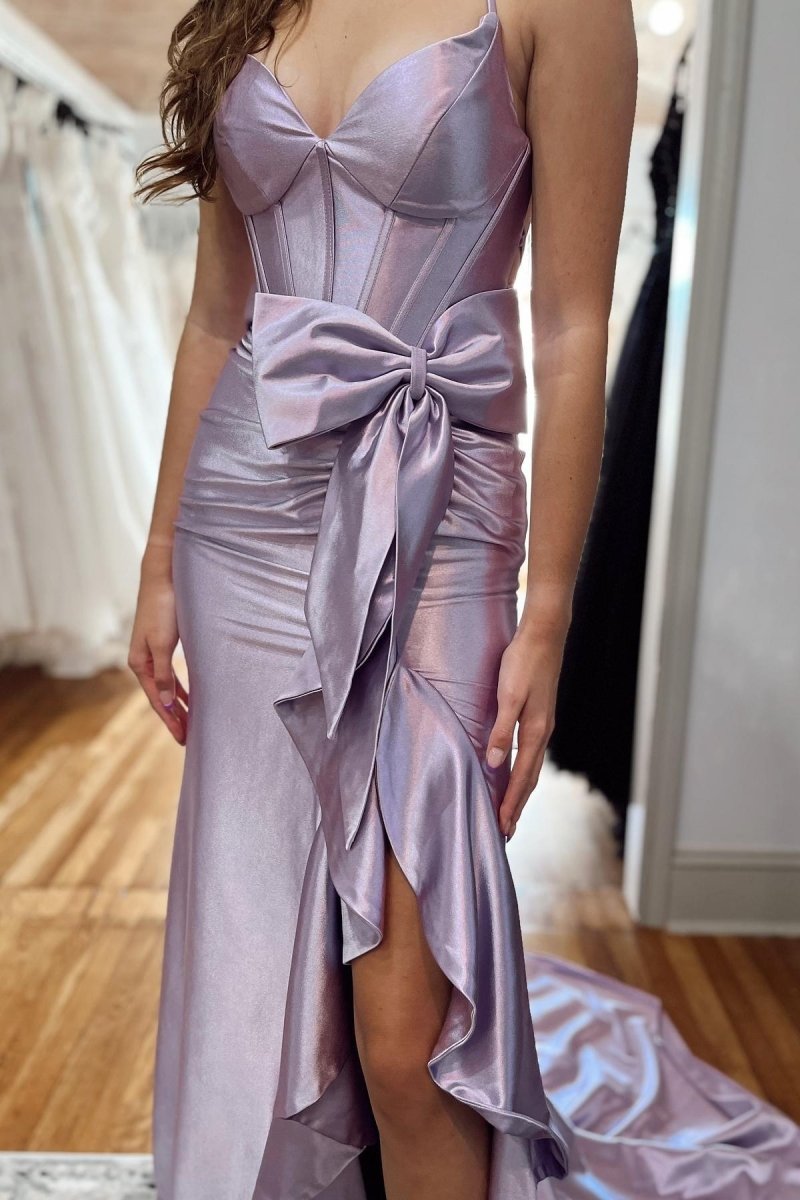 Jianna | Straps V - Neck Satin Mermaid Prom Dress with Bow - KissProm