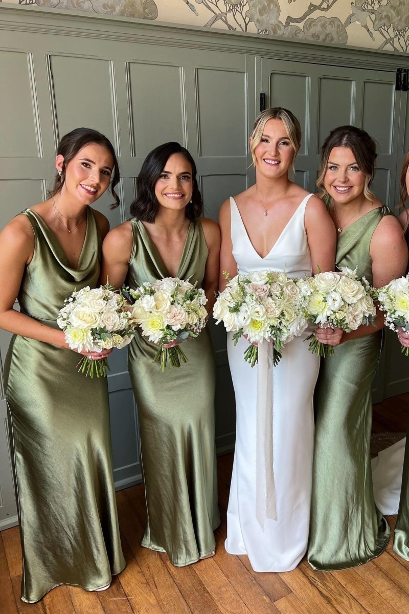 Cowl Neck Sage Green Sheath Spandex Long Bridesmaid Dress - KissProm