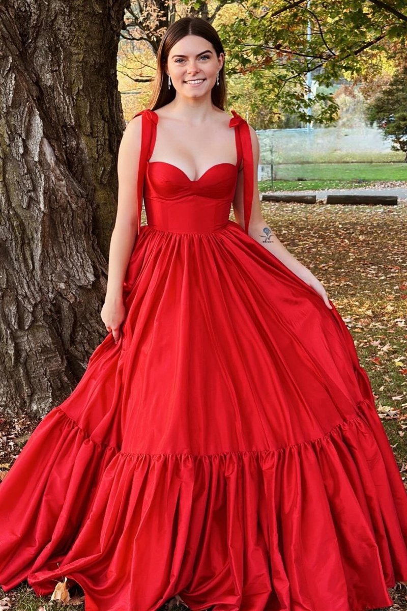 Kamilah| Red Sweetheart Bow Strap A - Line Long Prom Dress - KissProm