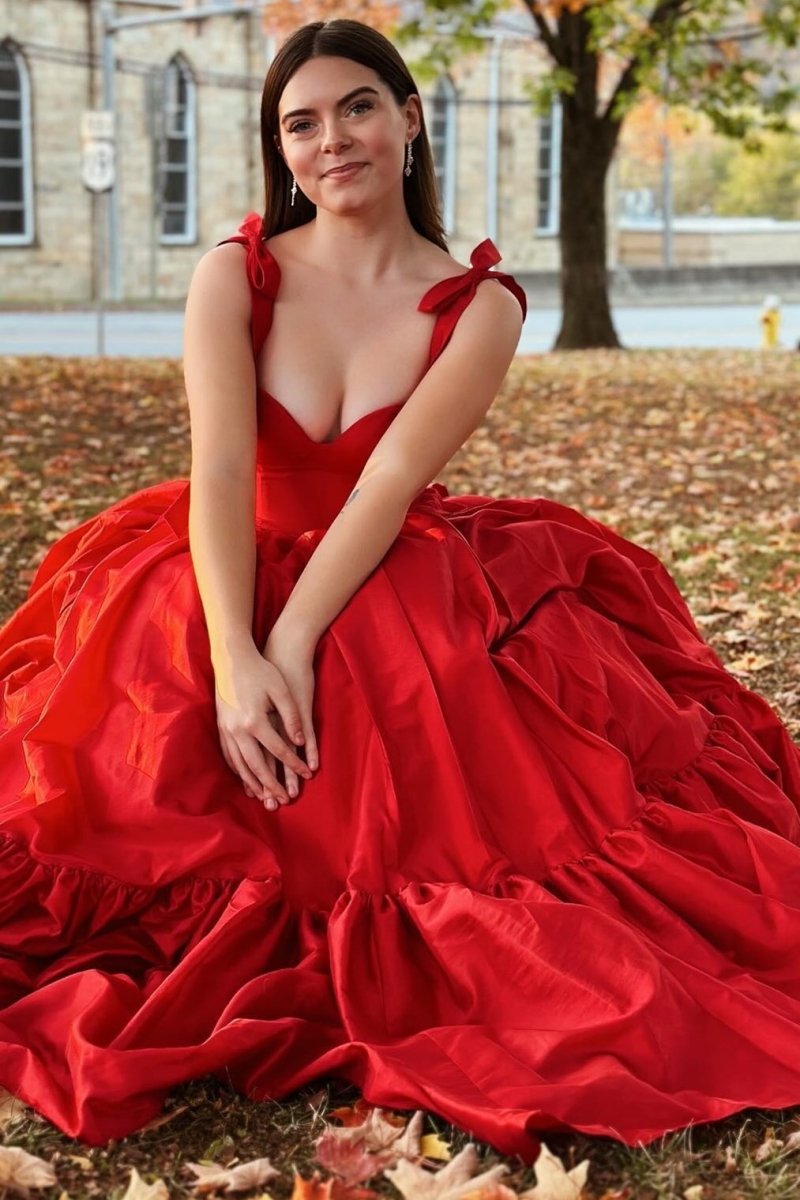 Kamilah| Red Sweetheart Bow Strap A - Line Long Prom Dress - KissProm