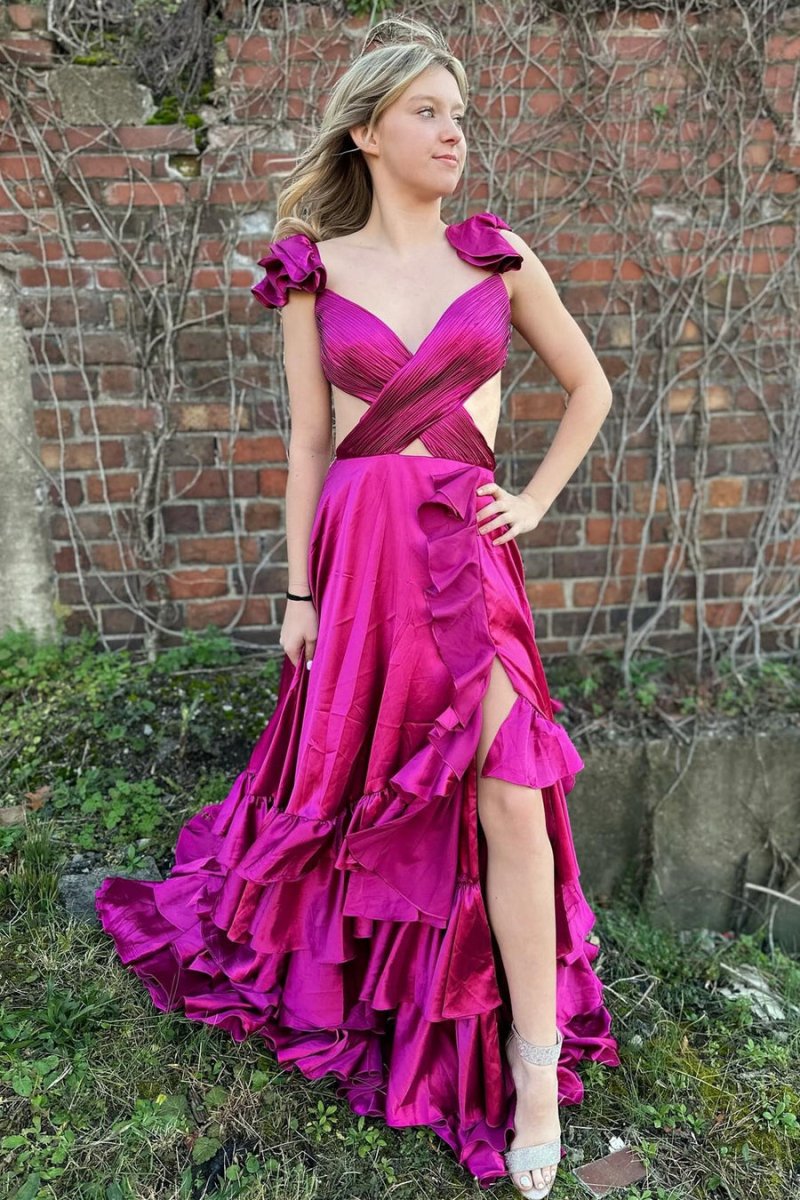 Brittany | Red Cutout Ruffle A - Line Long Prom Dress with Slit - KissProm