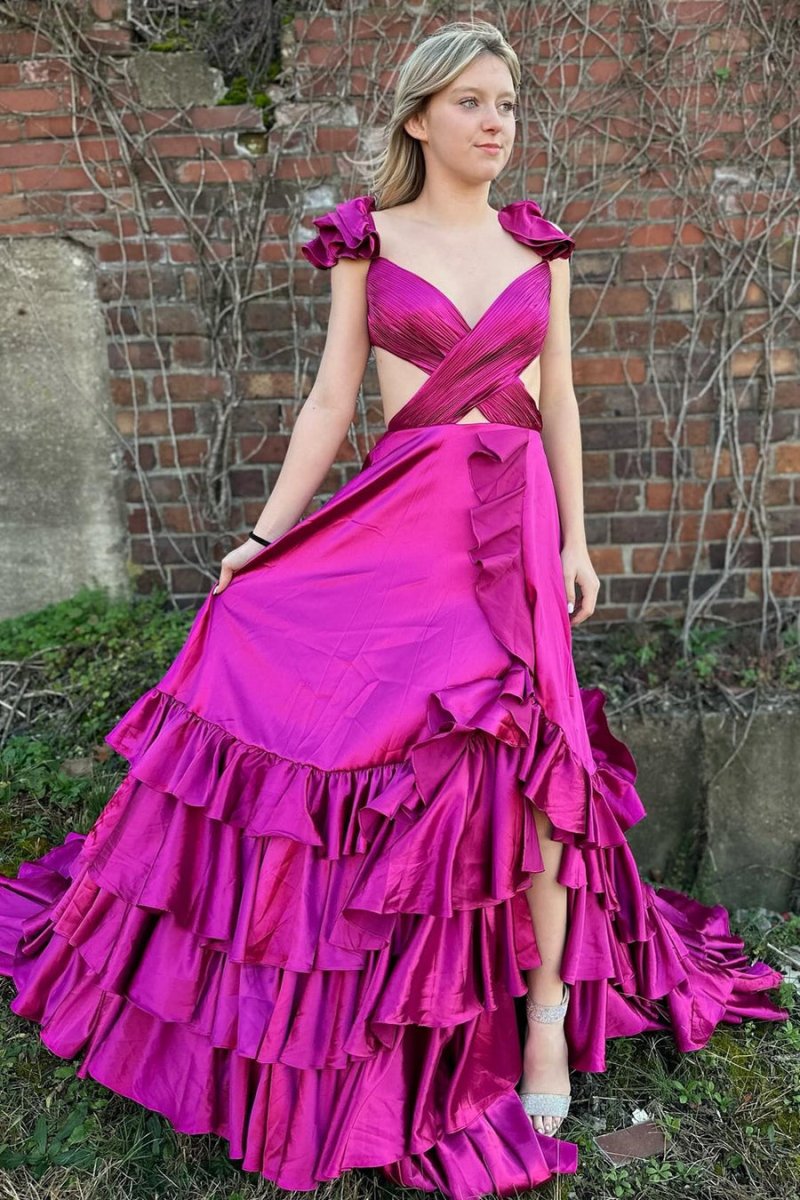 Brittany | Red Cutout Ruffle A - Line Long Prom Dress with Slit - KissProm