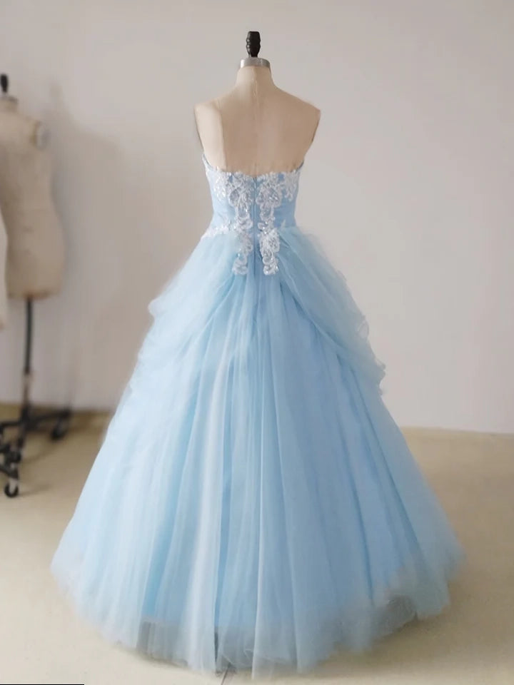 A-Line Lace Sweetheart Neck Blue Long Prom Dress | KissProm