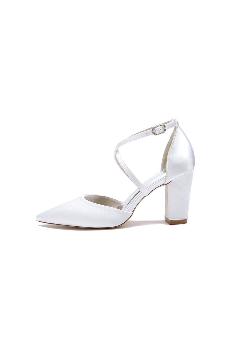 White Satin Pump with Cross - Strap and Metal Accent - KissProm