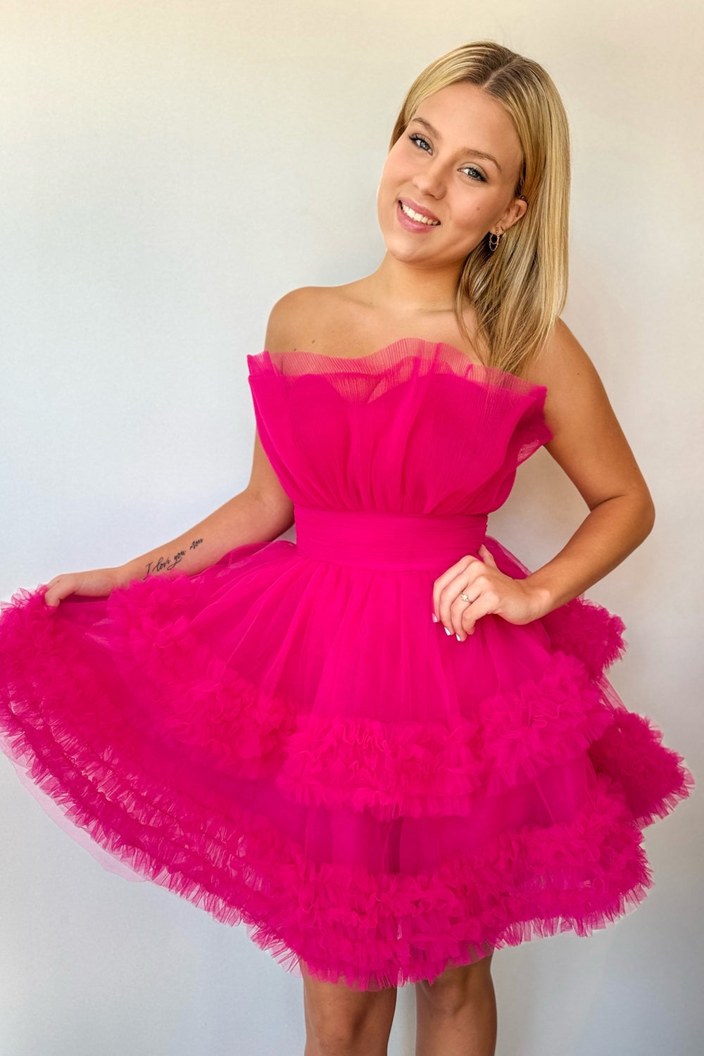 Meagan | Fuchsia Strapless Tiered Tulle Short Homecoming Dresses