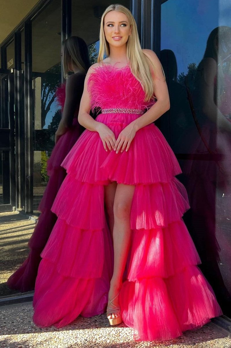 Marie| Fuchsia A - line High - Low Strapless Ruffled Tulle Prom Dress with Feathers - KissProm