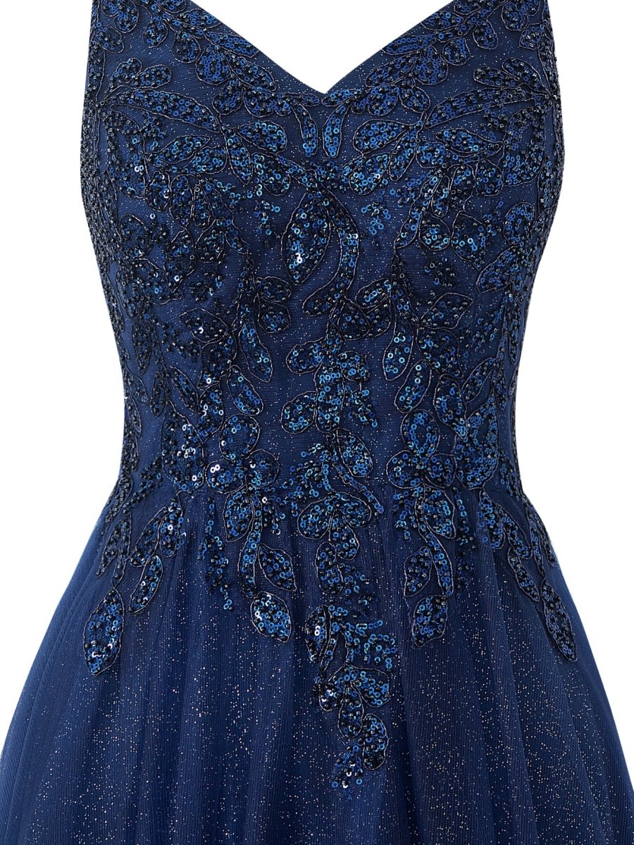 Emily Navy Blue | A - line Floor Length Glitter Tulle Prom Dress - KissProm