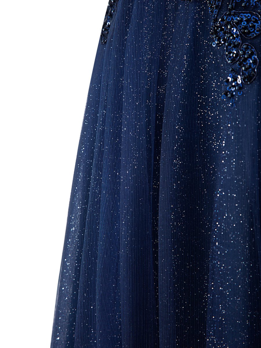 Emily Navy Blue | A - line Floor Length Glitter Tulle Prom Dress - KissProm