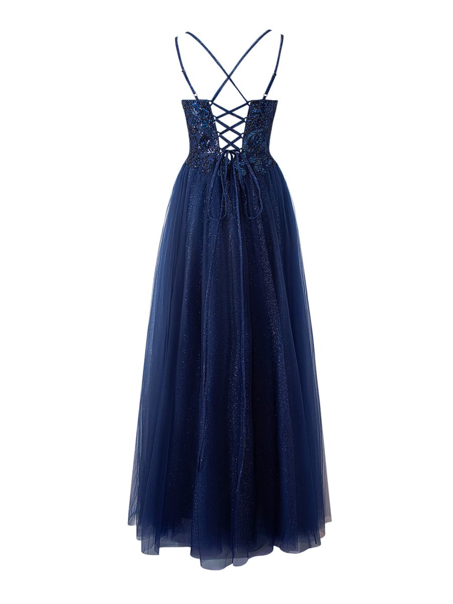 Emily Navy Blue | A - line Floor Length Glitter Tulle Prom Dress - KissProm