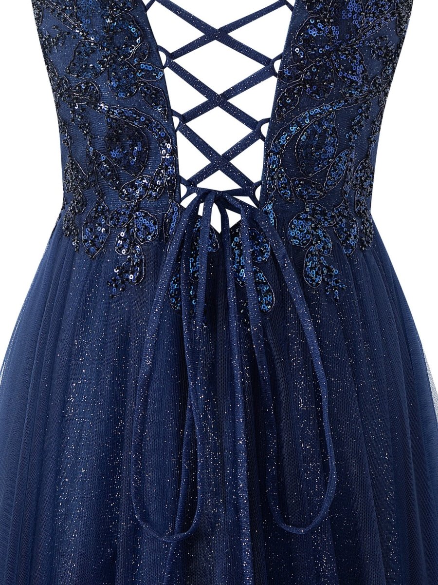 Emily Navy Blue | A - line Floor Length Glitter Tulle Prom Dress - KissProm