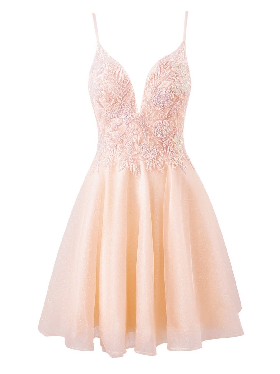 Grace | A - line Short Spaghetti Strap Glitter Tulle Homecoming Dress - KissProm