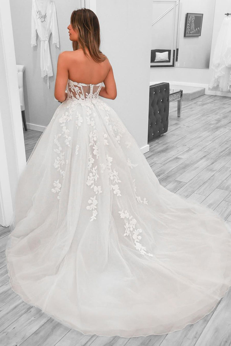 A - Line Sweetheart Tulle Wedding Dresses With Slit - KissProm