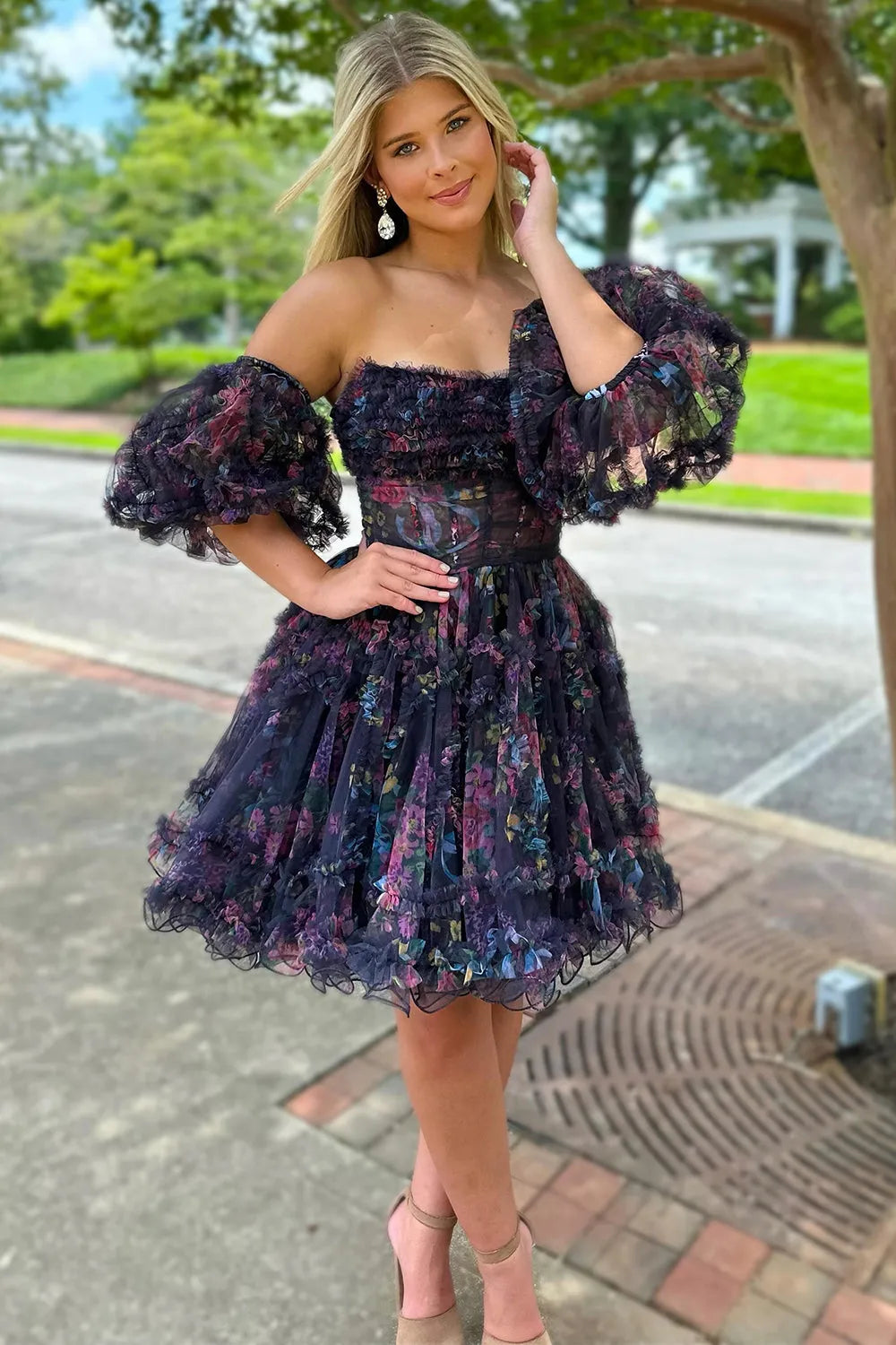 Hanni | Blue Puff Sleeves Ruffles A-line Prints Homecoming Dress