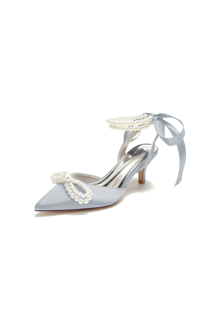 Pearl Ribbon Pointed Toe Ankle Strap High Heels - KissProm