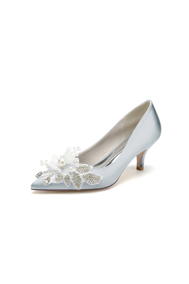 Floral Beading Pointed Toe Satin Kitten Heels - KissProm