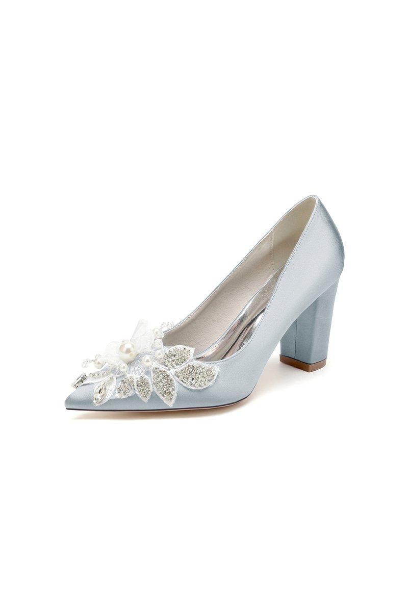 Floral Beaded Pointed Toe Chunky Heel - KissProm